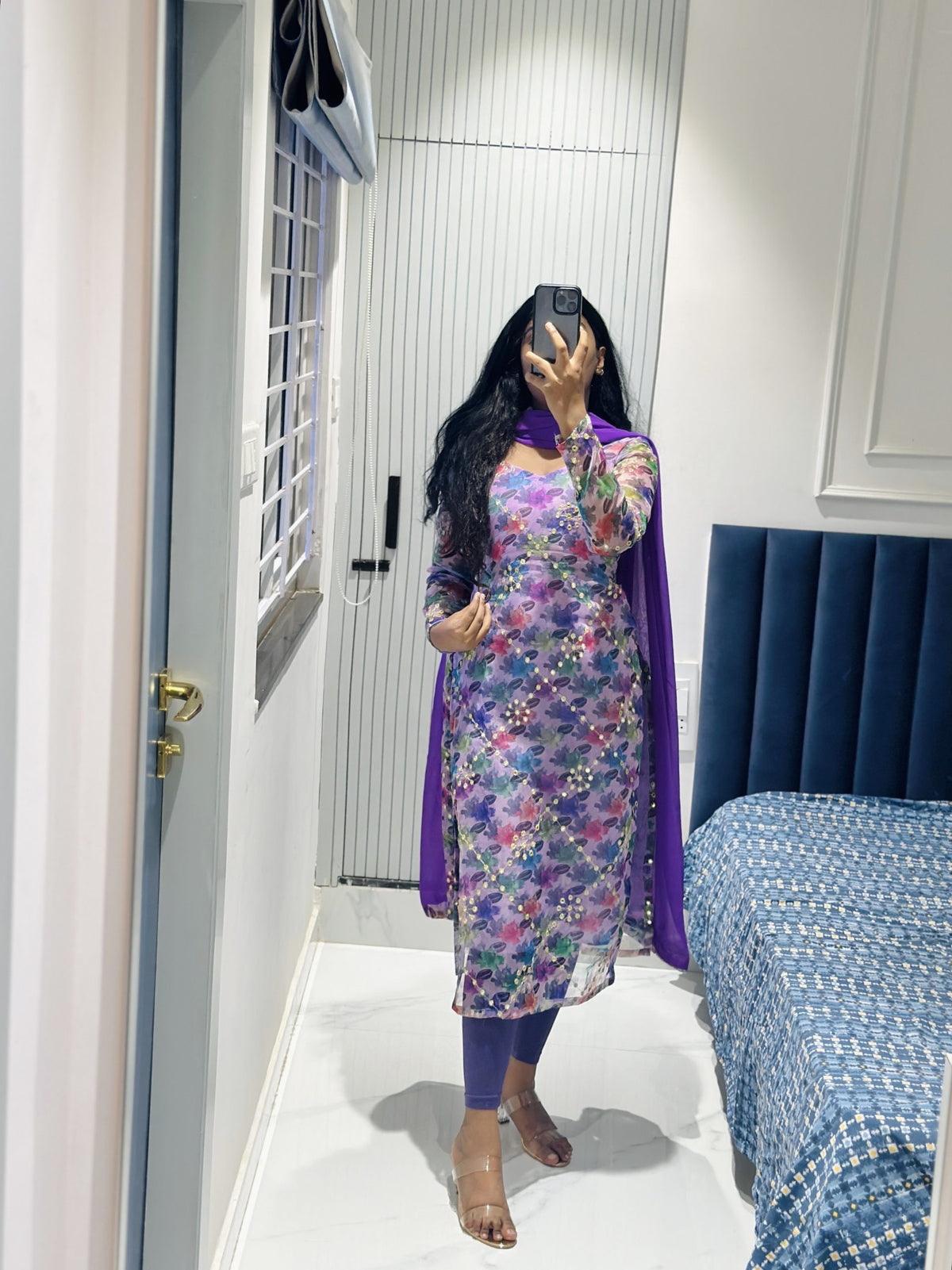 Lavender organza mirror embroidered kurti in Organza – Kurta Set by Dharvi by Rachana (view 4)