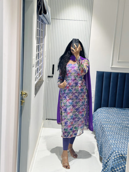Lavender organza mirror embroidered kurti
