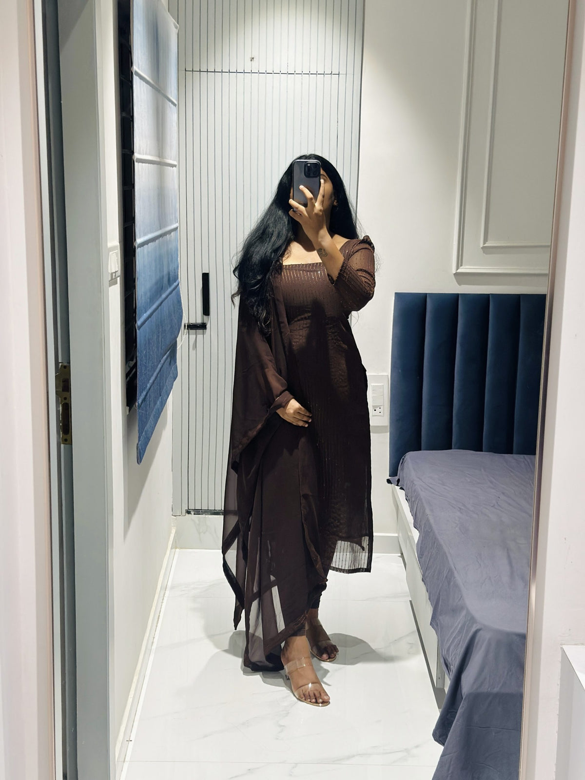 Dark brown sequins embroidered kurta in Georgette – Kurta Set by Dharvi by Rachana