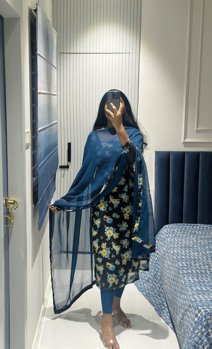 Black floral chiffon kurta