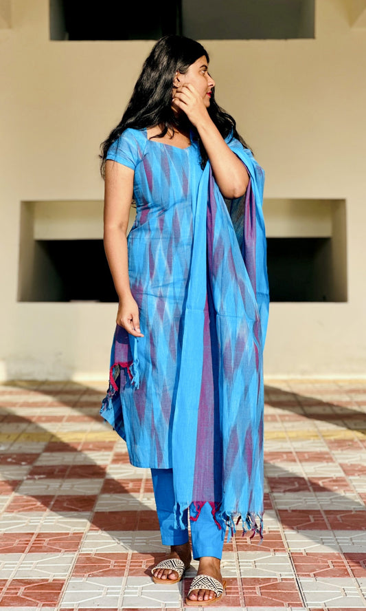 Blue ikkat cotton set in Cotton – Kurta Set by Dharvi by Rachana (view 2)