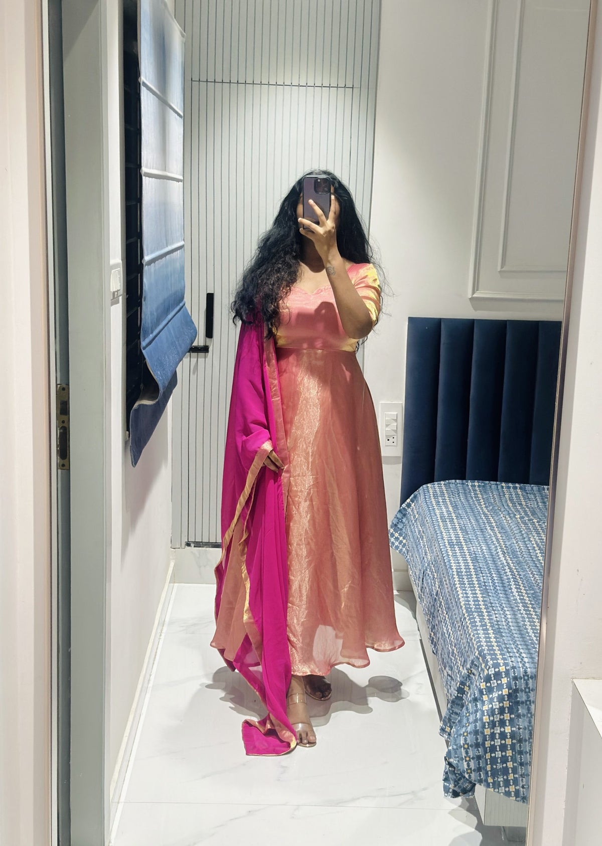 Peach pink dual shade Anarkali in Space Silk – Anarkali Set by Dharvi by Rachana