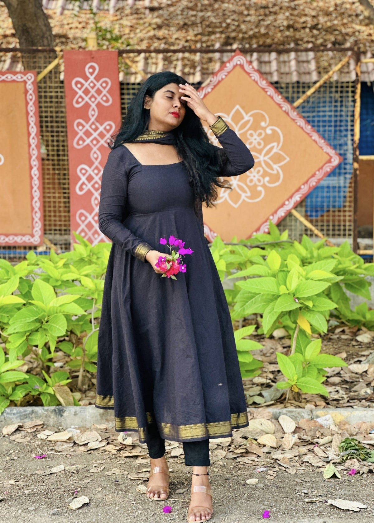 Black mangalagiri cotton Anarkali suit set in Cotton – Anarkali Set by Dharvi by Rachana (view 4)