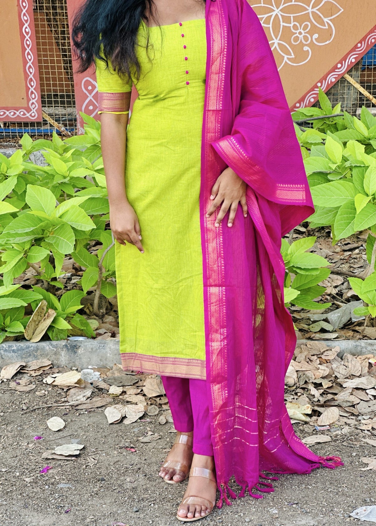Lime green & magenta mangalagiri cotton suit set in Cotton – Kurta Set by Dharvi by Rachana