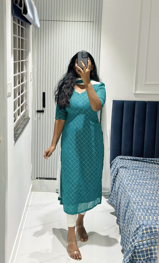 Sky blue sequins embroidered kurti in Georgette – Kurta Set by Dharvi by Rachana