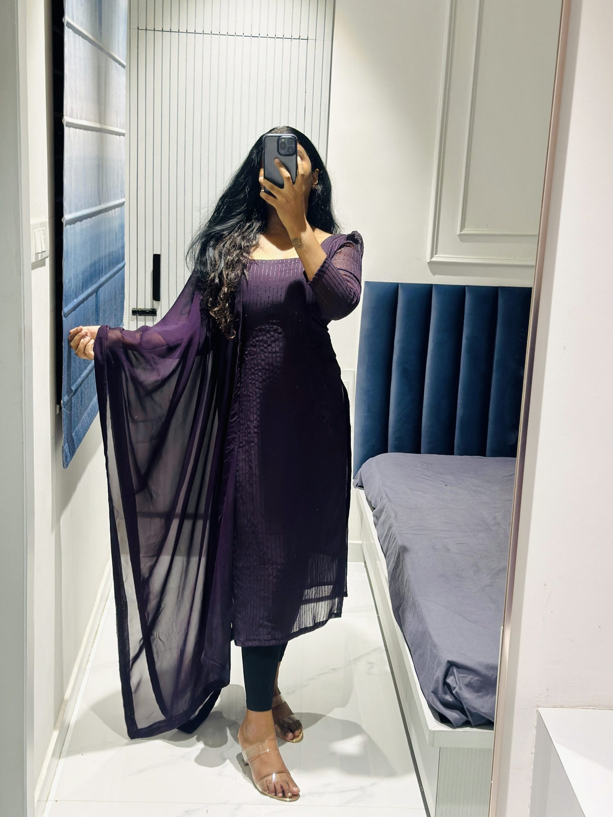 Deep purple sequins embroidered Georgette kurta set in Georgette – Kurta Set by Dharvi by Rachana
