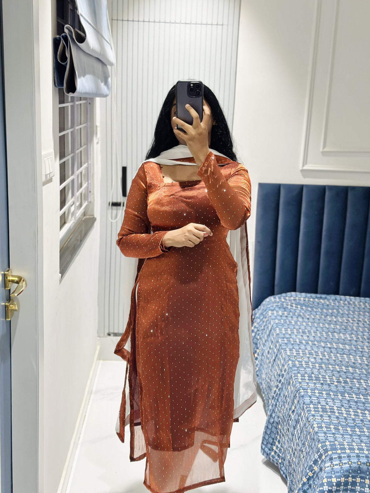 Rust viscose tissue kurti in Viscose Tissue – Kurta Set by Dharvi by Rachana (view 2)