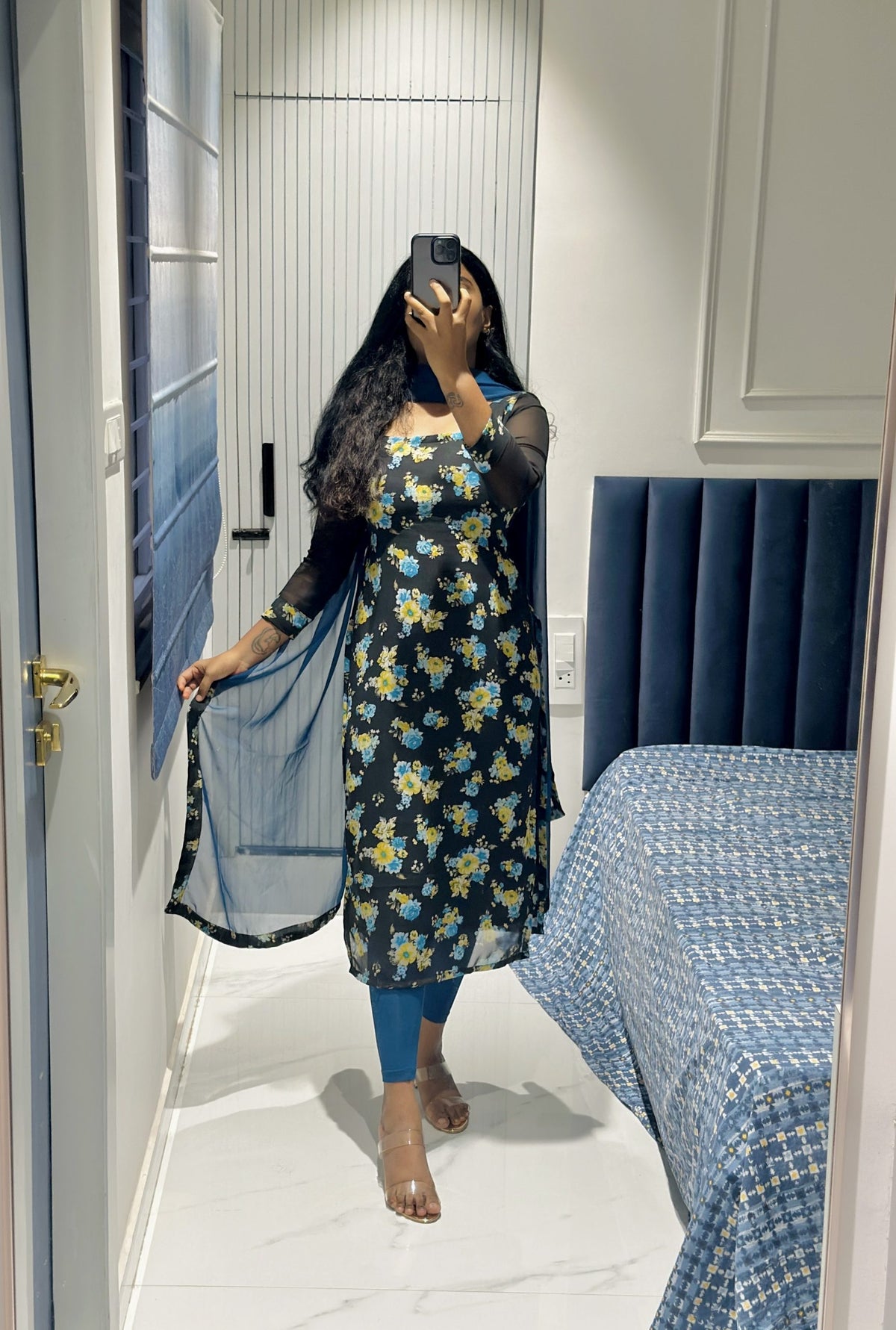Black floral chiffon kurta in Chiffon – Kurta Set by Dharvi by Rachana