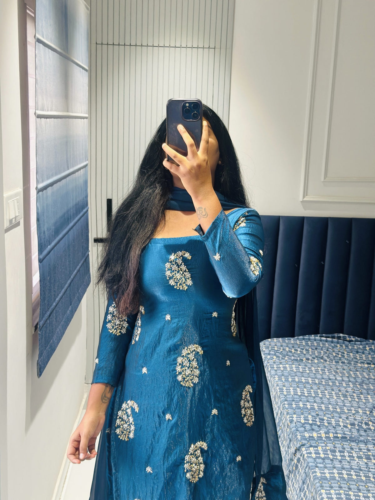 Dark Teal blue viscose tissue kurta in Viscose Tissue – Kurta Set by Dharvi by Rachana