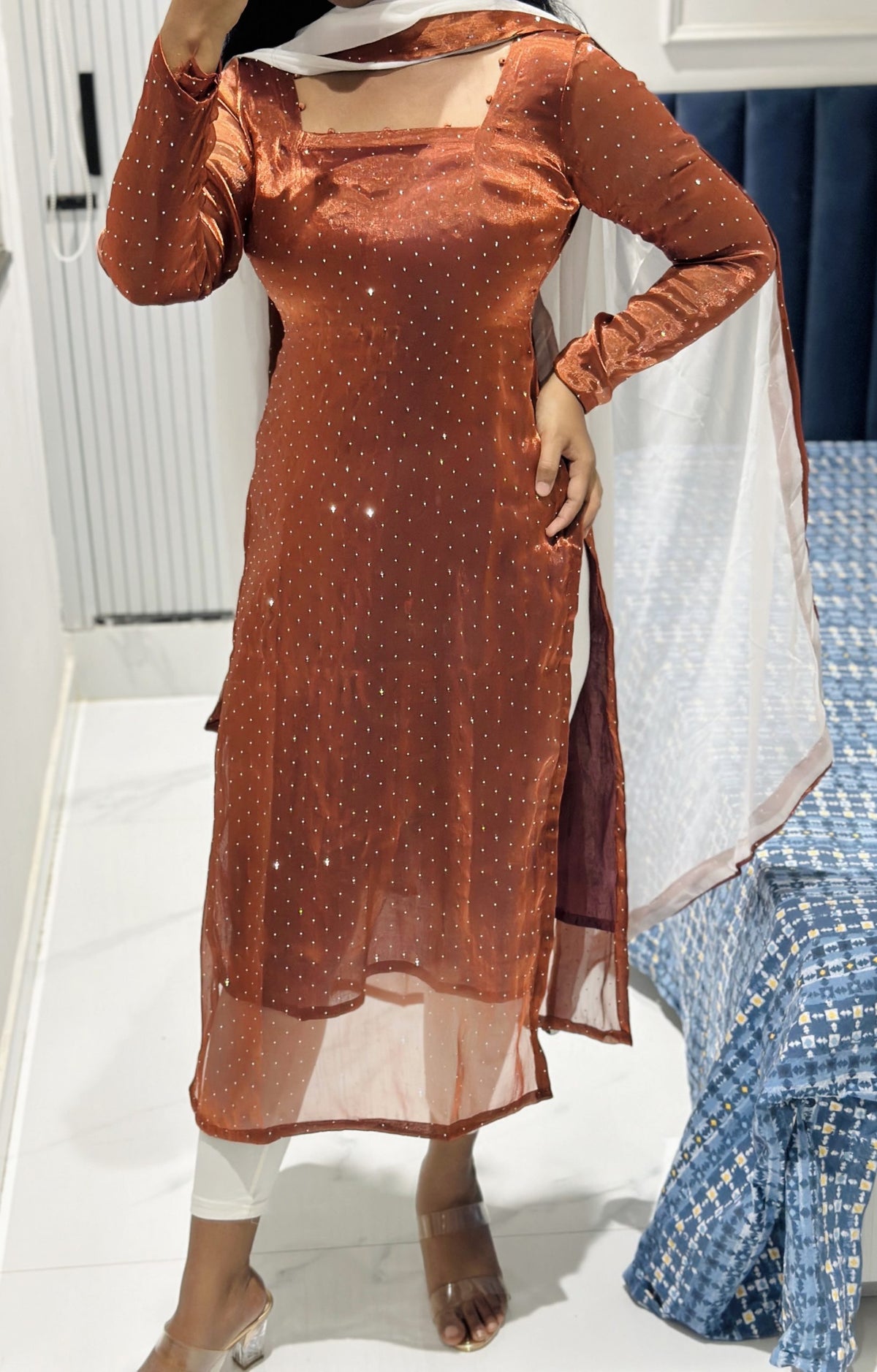Rust viscose tissue kurti in Viscose Tissue – Kurta Set by Dharvi by Rachana