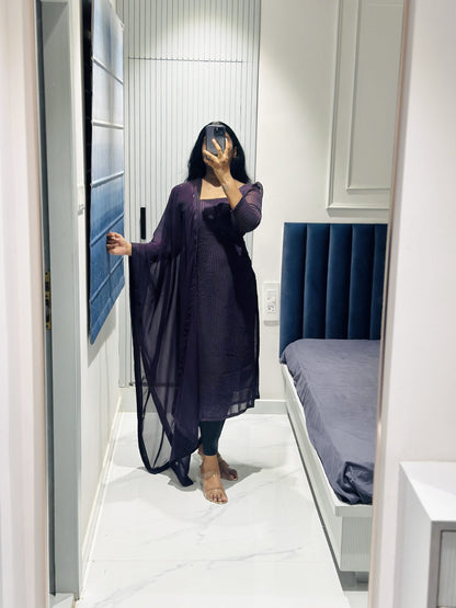 Deep purple sequins embroidered Georgette kurta set