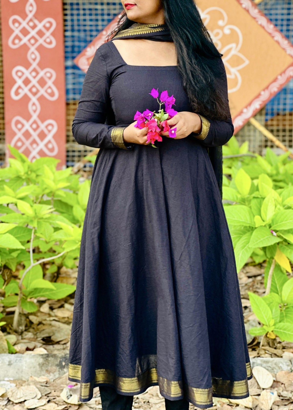 Black mangalagiri cotton Anarkali suit set in Cotton – Anarkali Set by Dharvi by Rachana