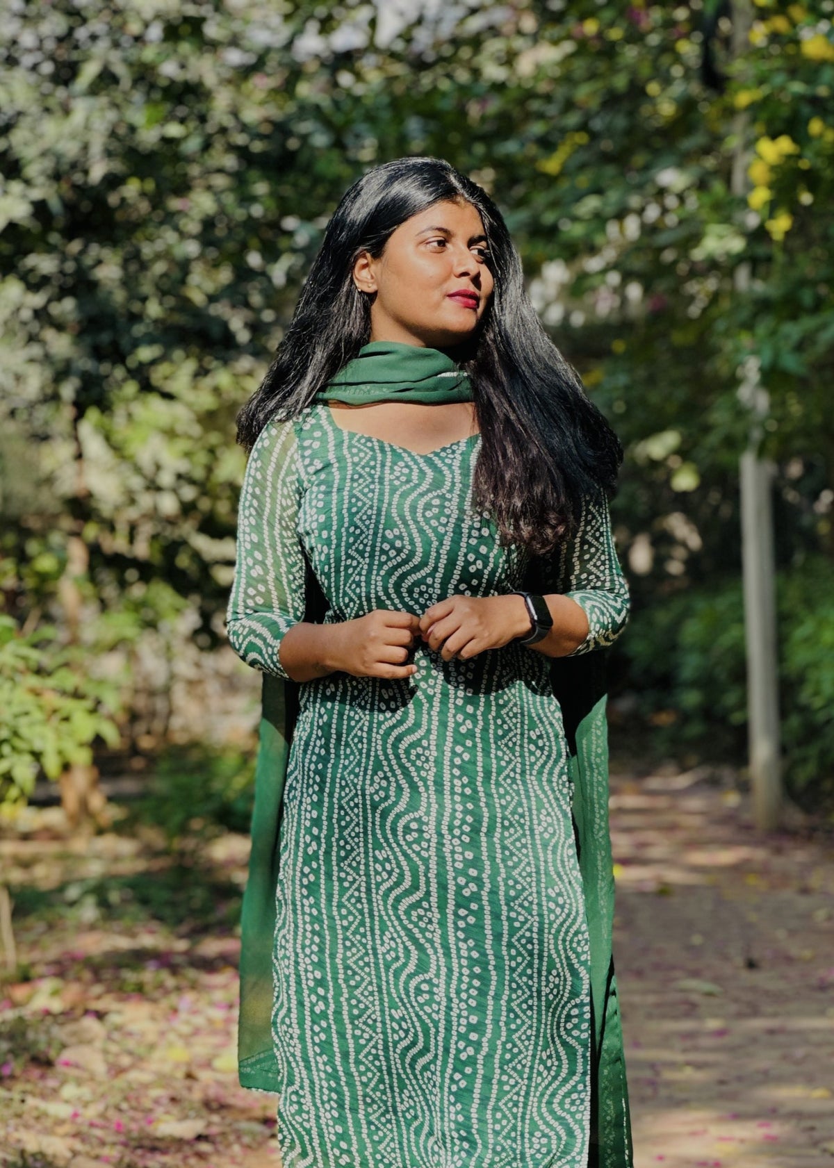 Green bandhani kurti set in Chiffon – Kurta Set by Dharvi by Rachana