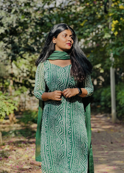 Green bandhani kurti set