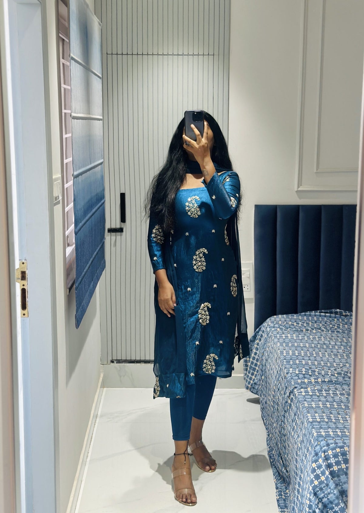 Dark Teal blue viscose tissue kurta in Viscose Tissue – Kurta Set by Dharvi by Rachana (view 5)