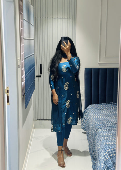 Dark Teal blue viscose tissue kurta