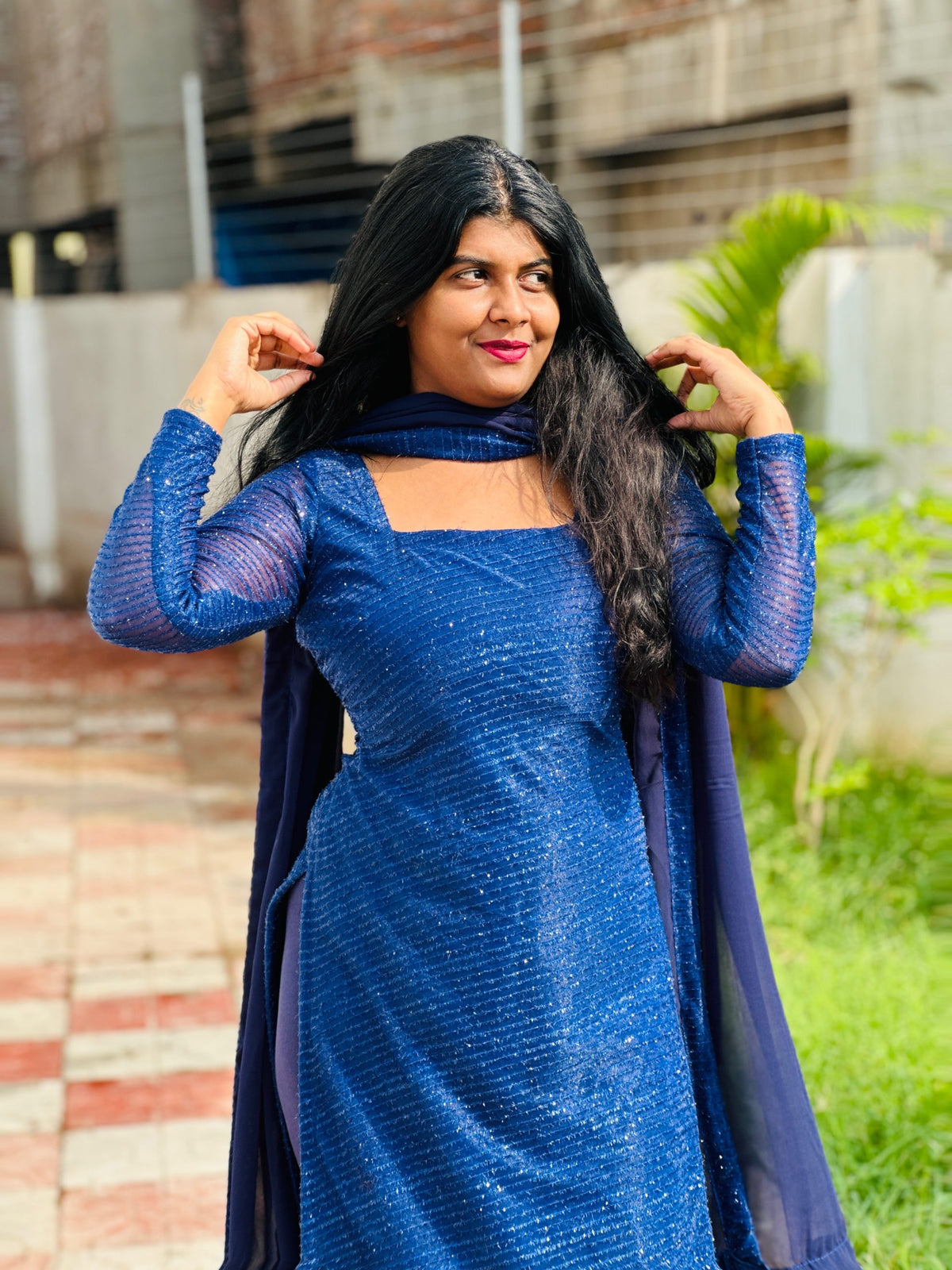 Dark blue shimmer georgette set in Georgette – Kurta Set by Dharvi by Rachana