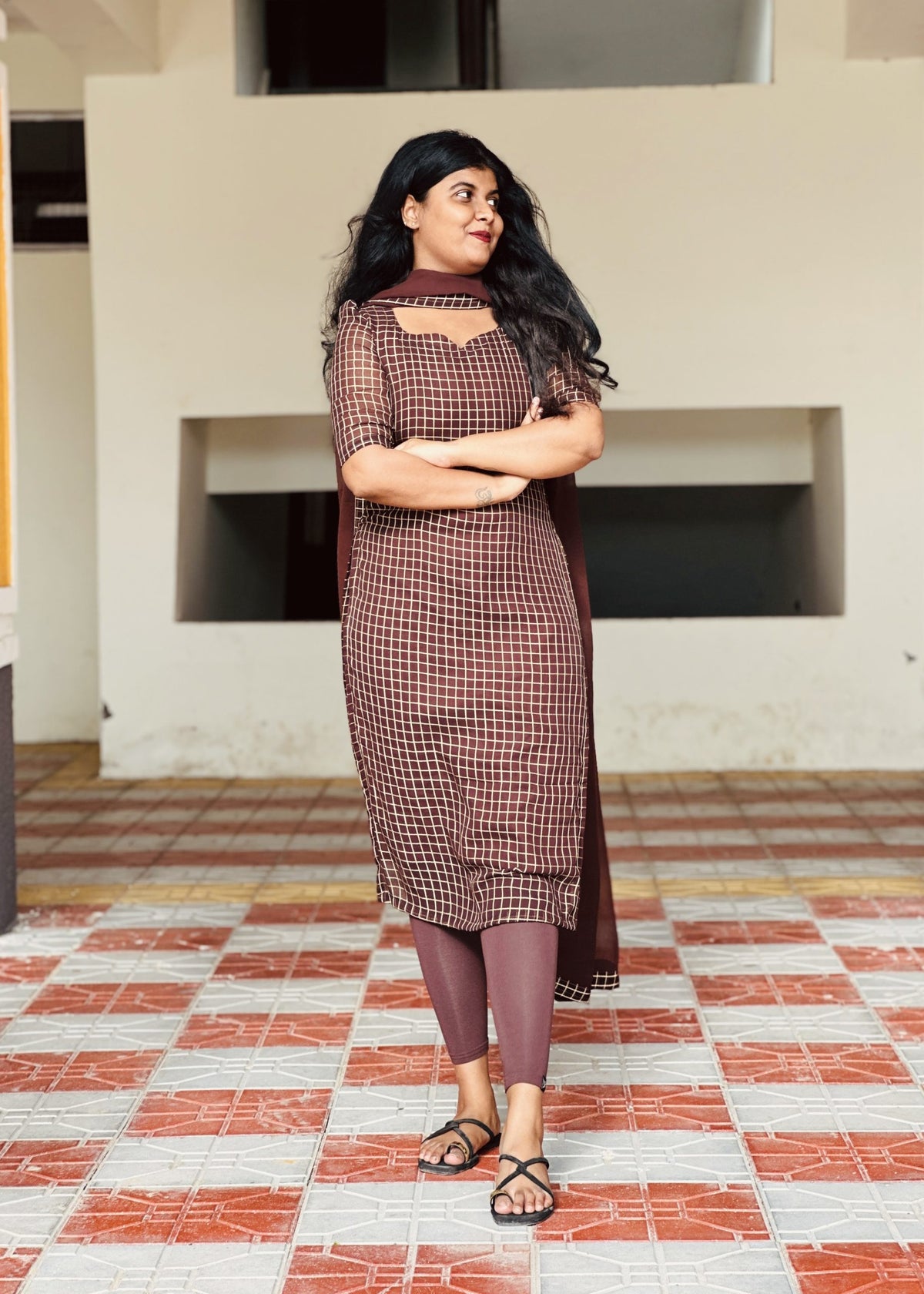 Mocha brown checks kurti set in Georgette – Kurta Set by Dharvi by Rachana