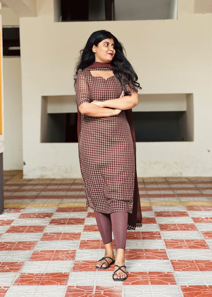 Mocha brown checks kurti set