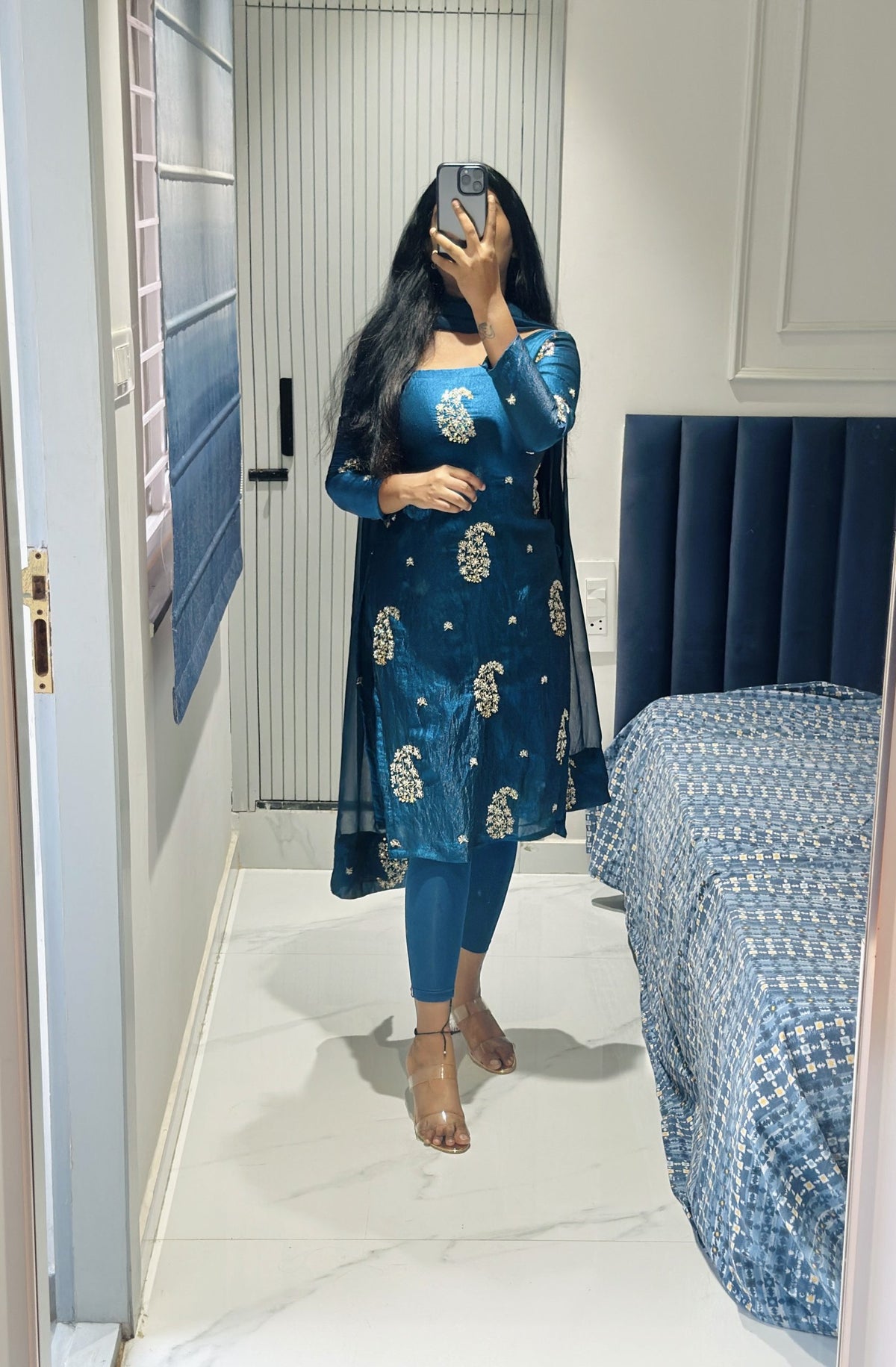 Dark Teal blue viscose tissue kurta in Viscose Tissue – Kurta Set by Dharvi by Rachana