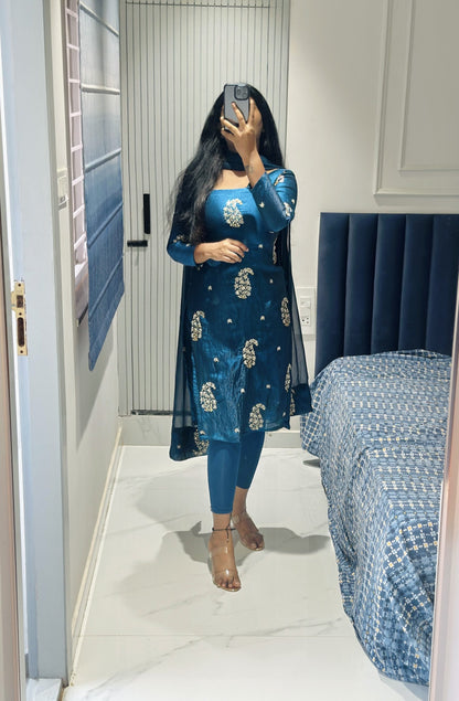 Dark Teal blue viscose tissue kurta