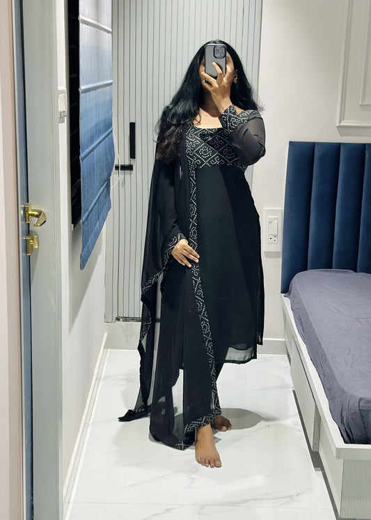 Black yoke design kurti set in Chiffon – Kurta Set by Dharvi by Rachana (view 2)