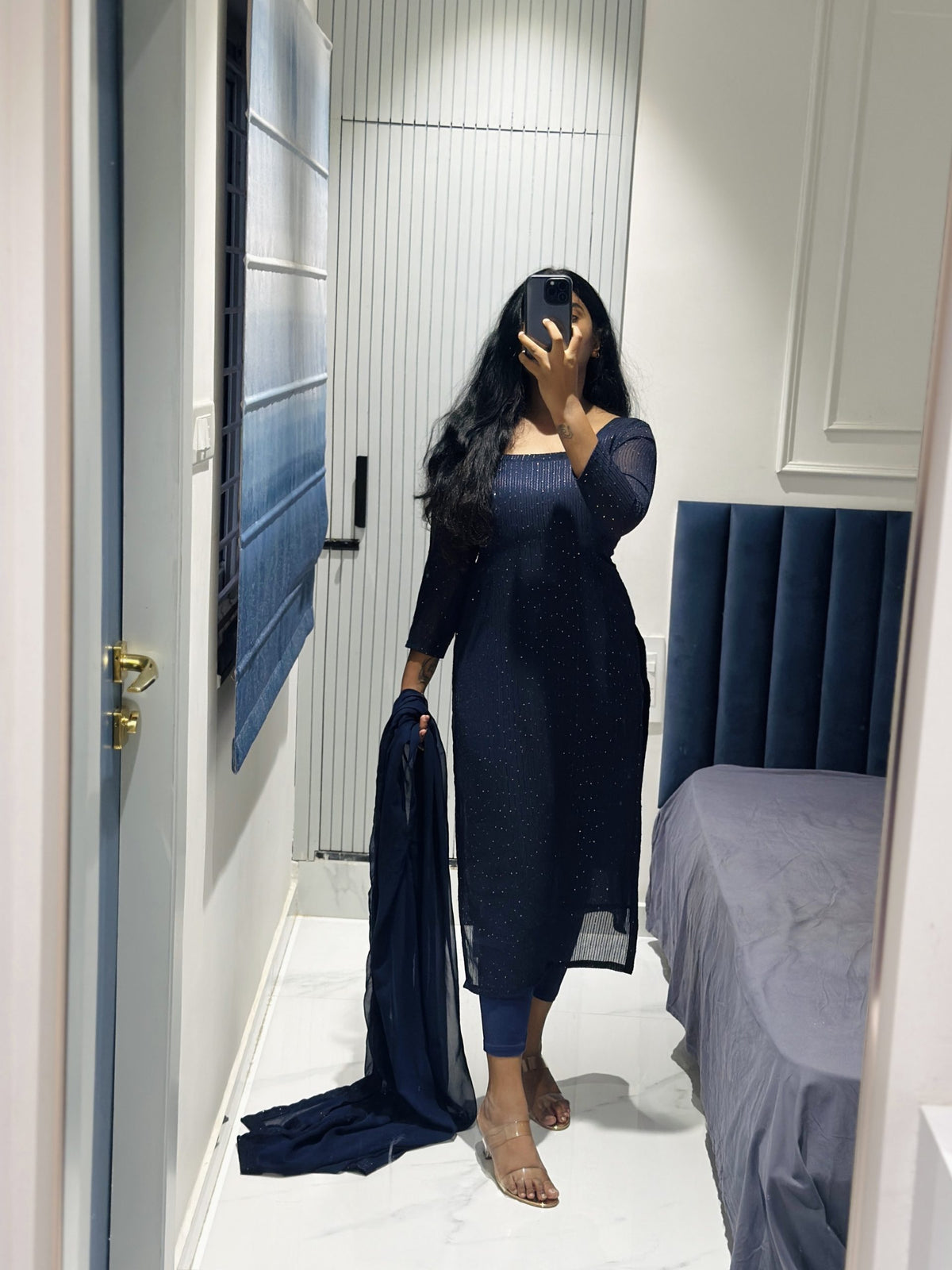 Navy blue sequins embroidered Georgette kurta in Georgette – Kurta Set by Dharvi by Rachana