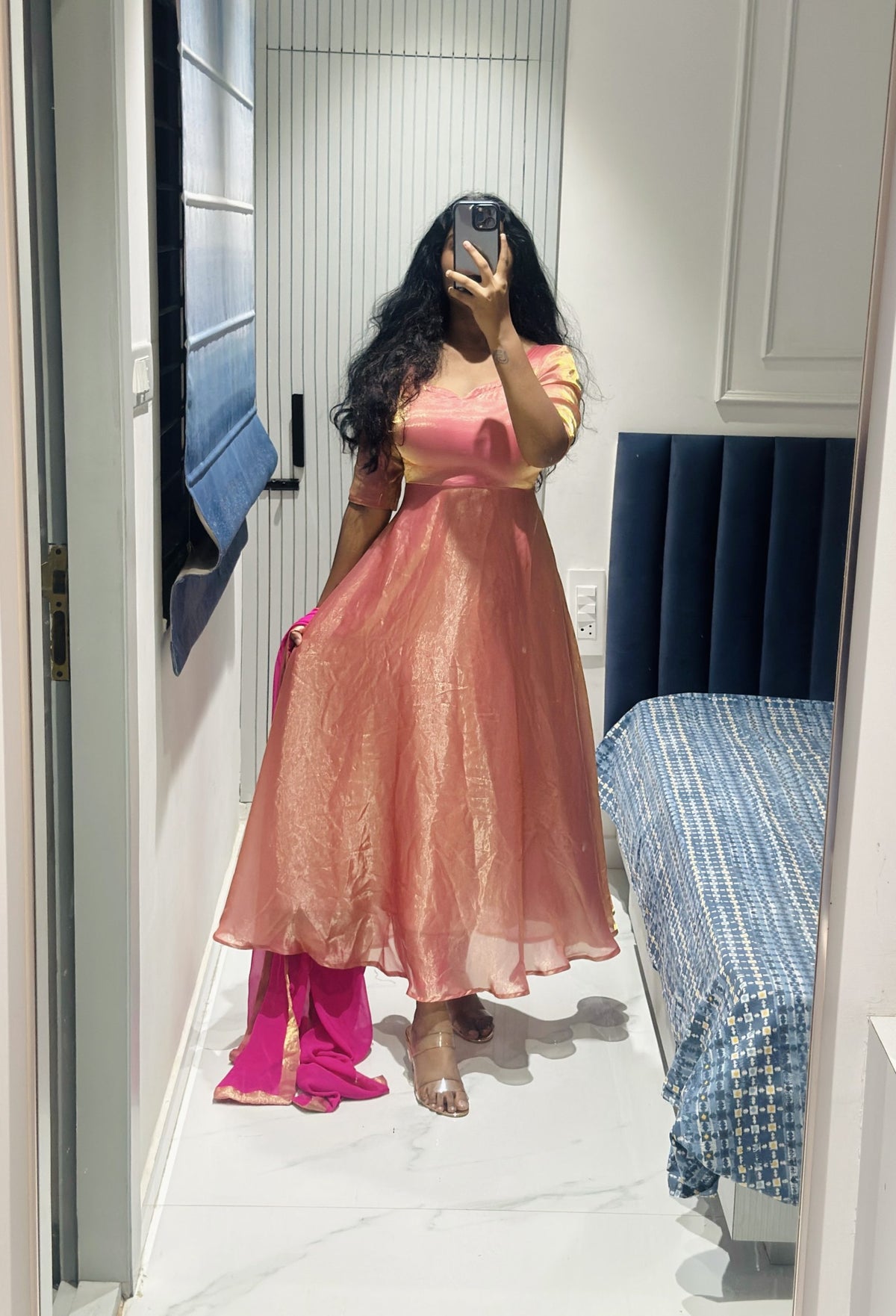 Peach pink dual shade Anarkali in Space Silk – Anarkali Set by Dharvi by Rachana