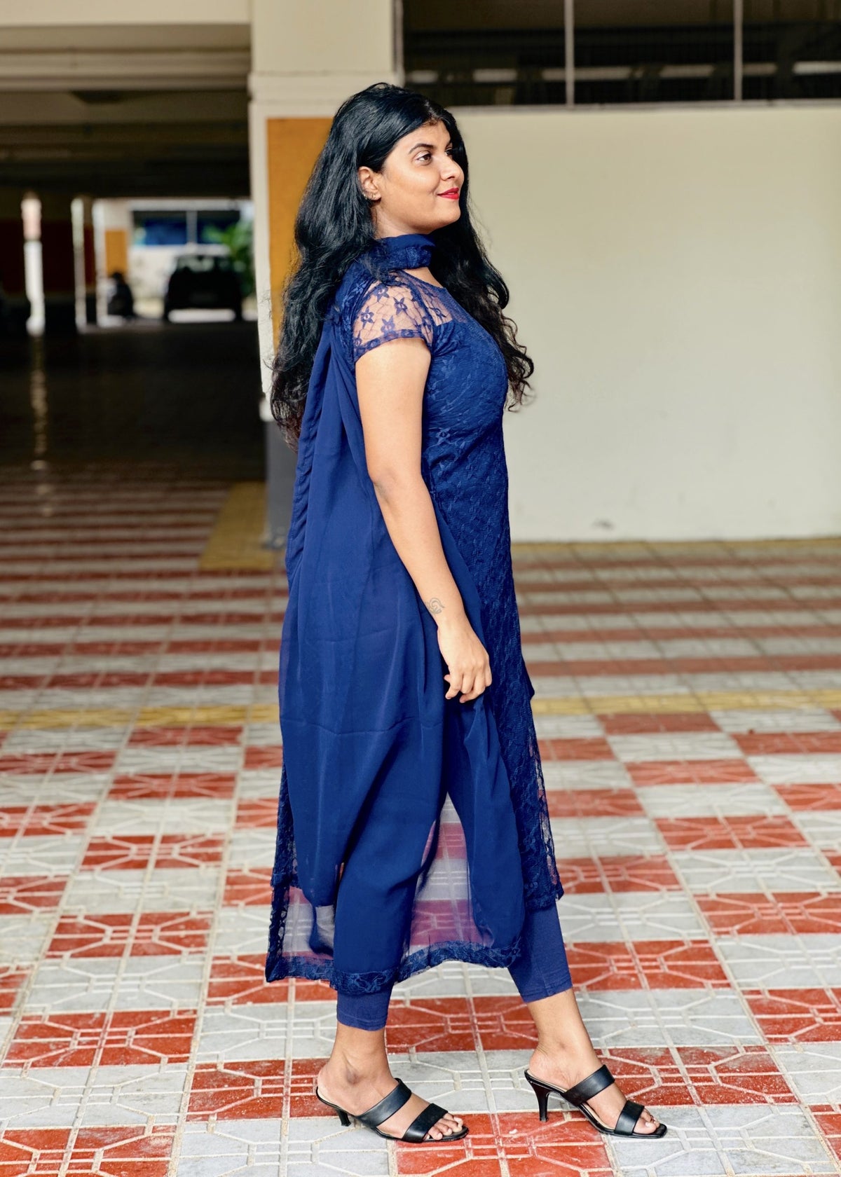 Navy blue soft net lace kurti set in Lace – Kurta Set by Dharvi by Rachana (view 3)