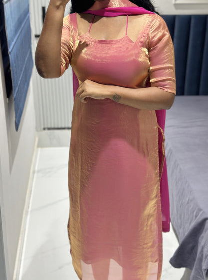 Peachy pink space silk kurta