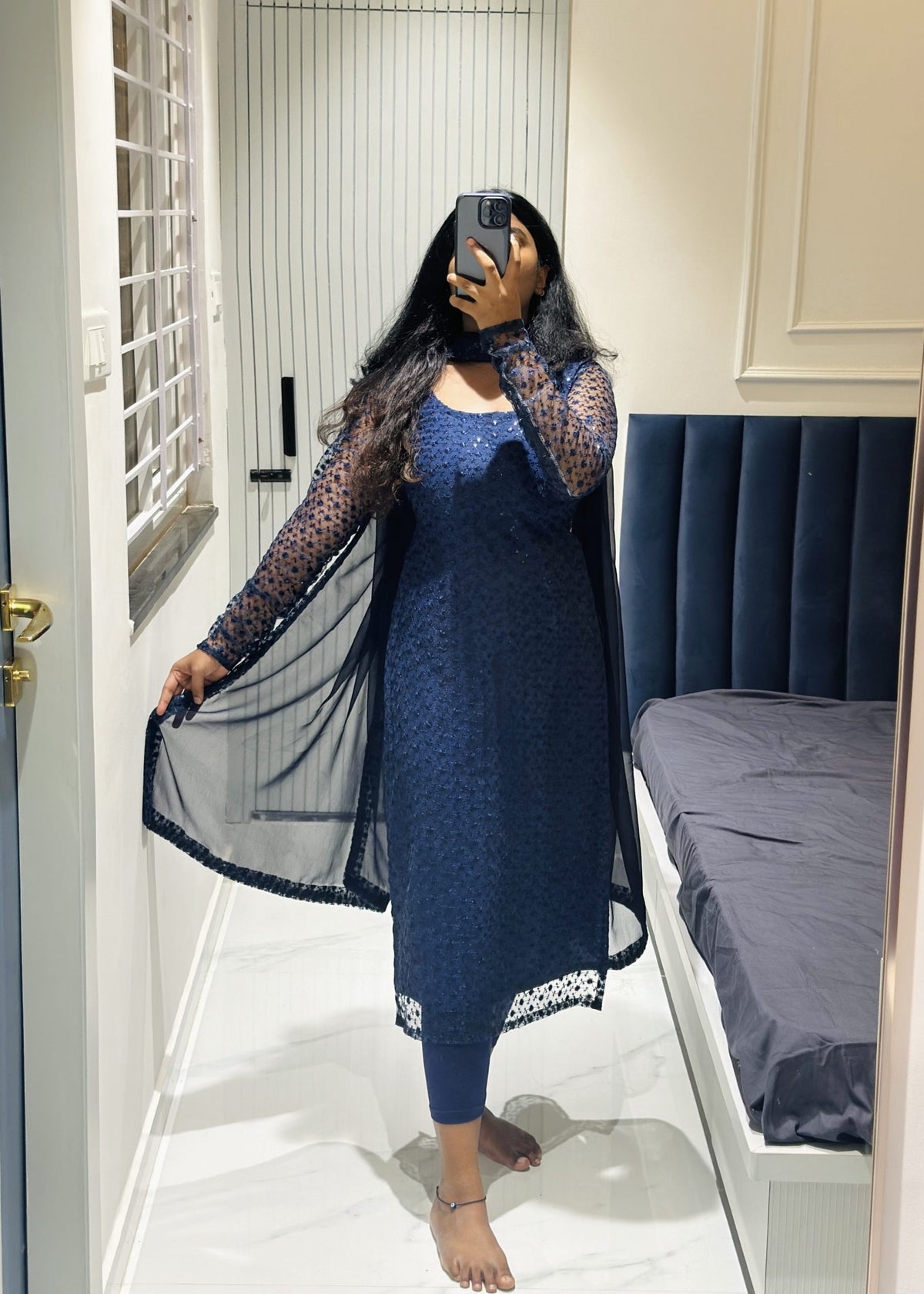 Blue sequins embroidered kurti set in Chiffon – Kurta Set by Dharvi by Rachana