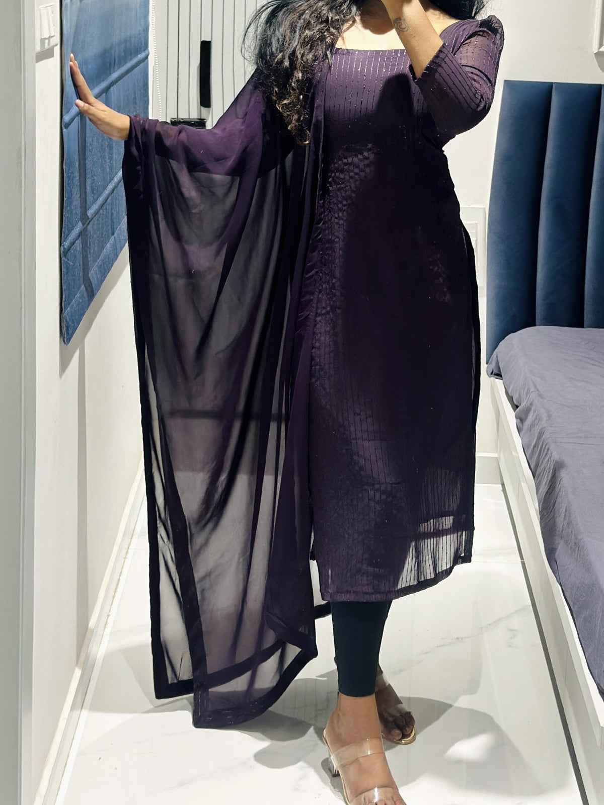 Deep purple sequins embroidered Georgette kurta set in Georgette – Kurta Set by Dharvi by Rachana (view 2)