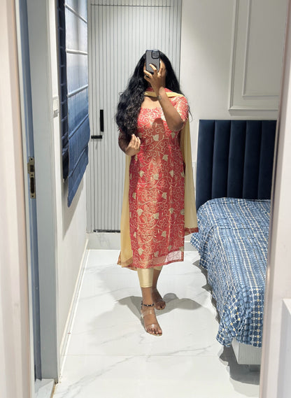 Peach tissue kurta