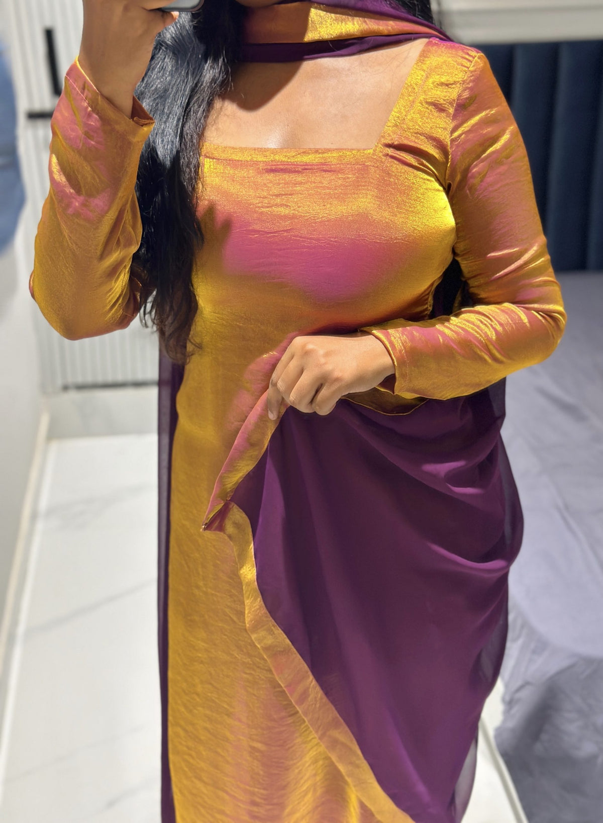 Golden purple space silk kurti set in Space Silk – Kurta Set by Dharvi by Rachana