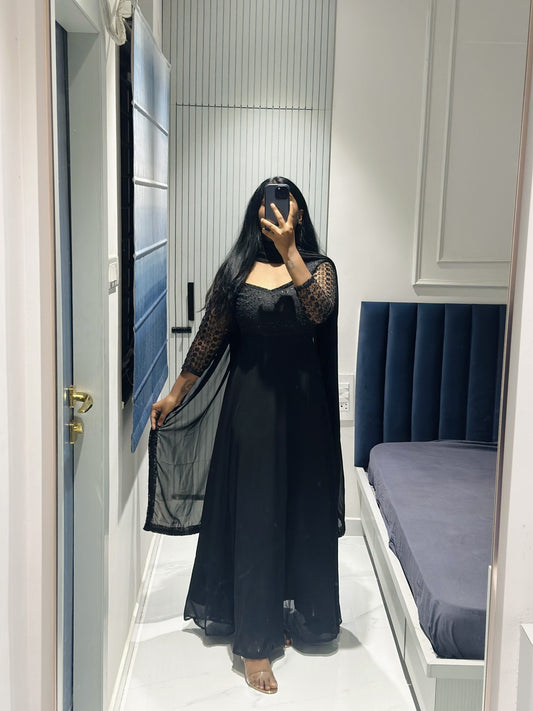Black sequins Anarkali set in Georgette – Anarkali Set by Dharvi by Rachana