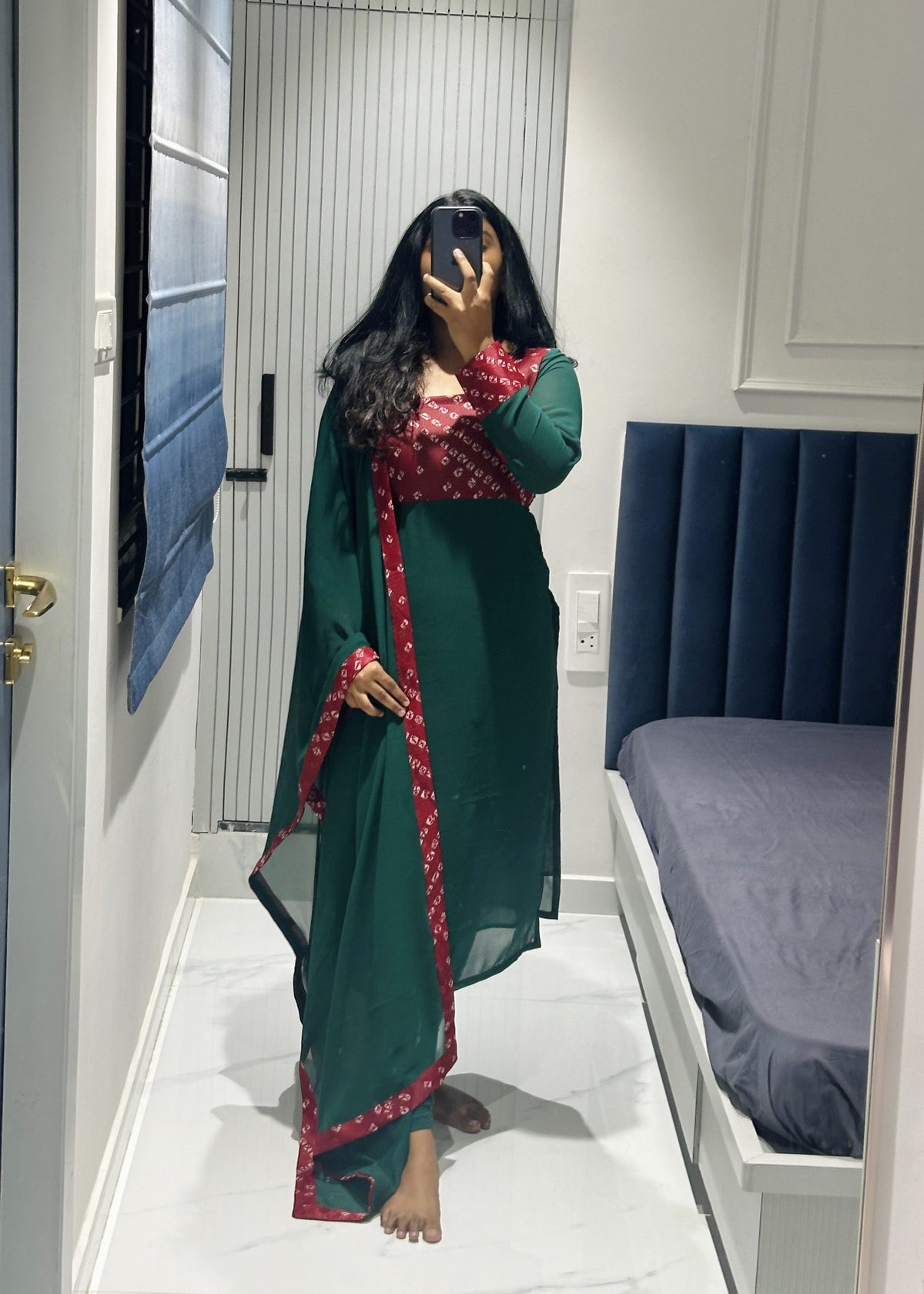 Green Kota yoke design kurti set in Chiffon – Kurta Set by Dharvi by Rachana