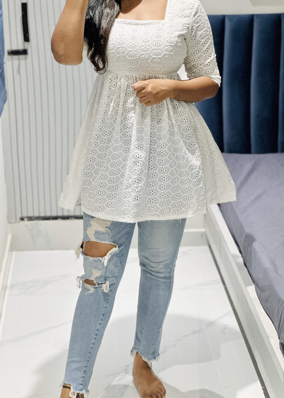 White hakoba short kurta in Cotton – Short Kurti by Dharvi by Rachana