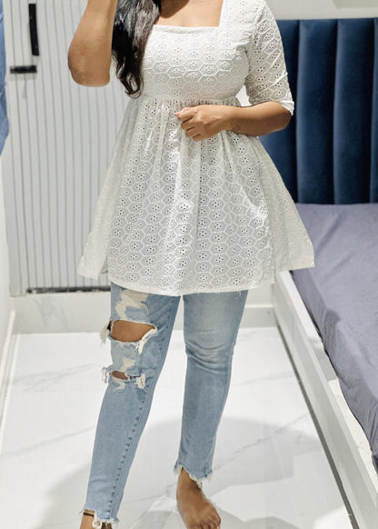 White hakoba short kurta