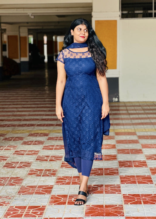 Navy blue soft net lace kurti set in Lace – Kurta Set by Dharvi by Rachana