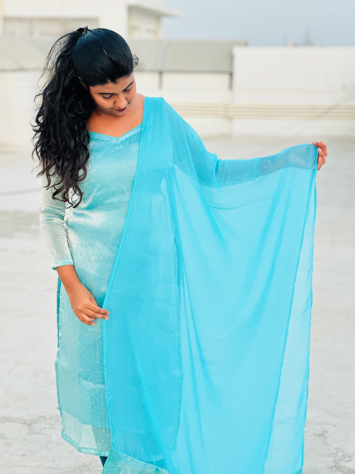 Light blue viscose tissue kurti in Viscose Tissue – Kurta Set by Dharvi by Rachana (view 2)