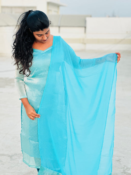Light blue viscose tissue kurti with dupatta in Viscose Tissue – Kurta Set by Dharvi by Rachana (view 2)