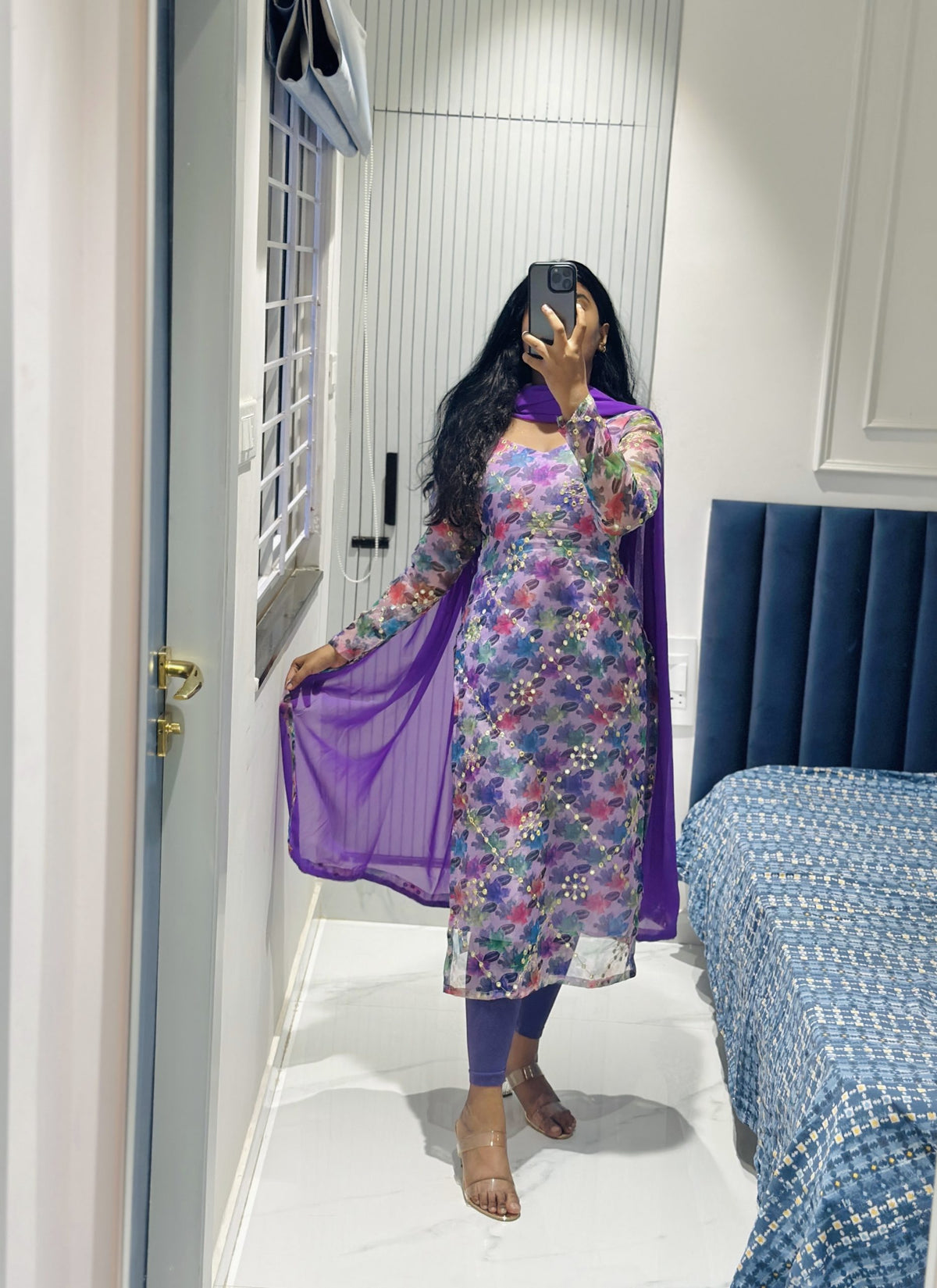 Lavender organza mirror embroidered kurti in Organza – Kurta Set by Dharvi by Rachana