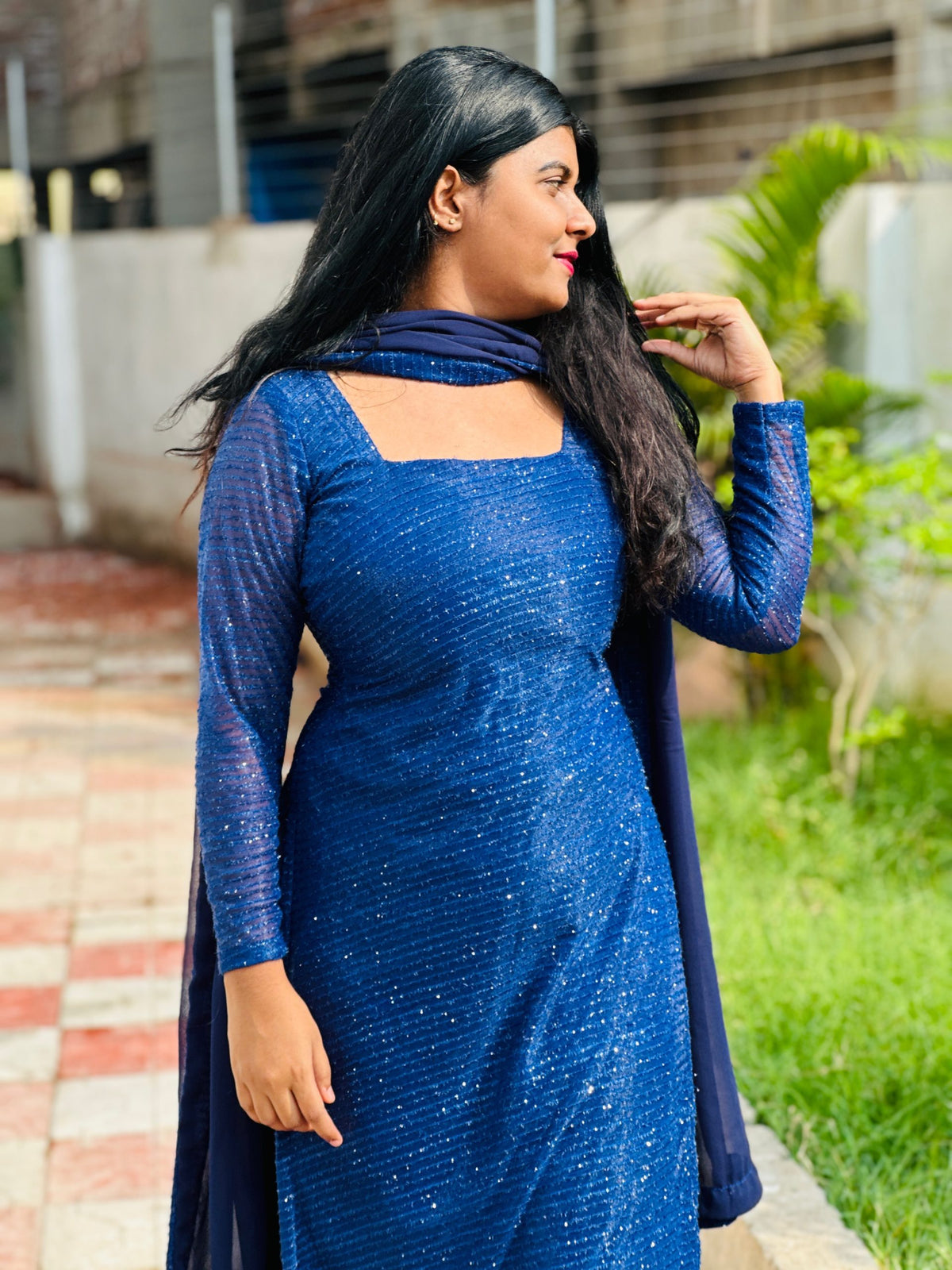 Dark blue shimmer georgette set in Georgette – Kurta Set by Dharvi by Rachana