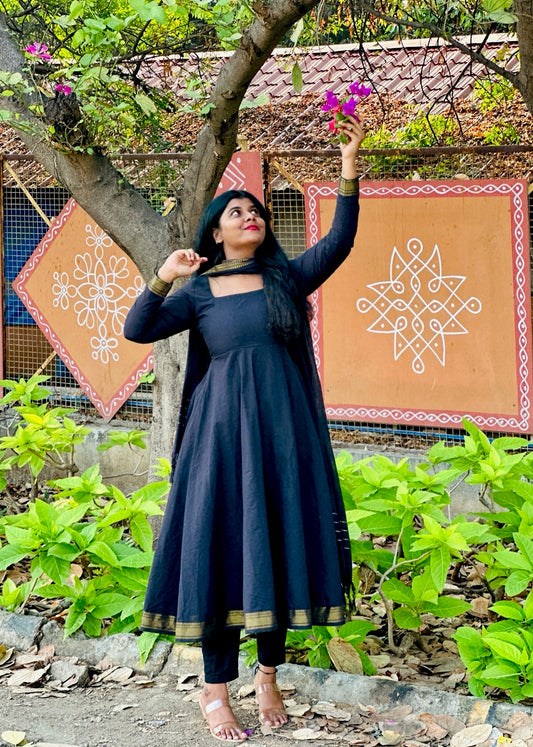 Black mangalagiri cotton Anarkali suit set in Cotton – Anarkali Set by Dharvi by Rachana