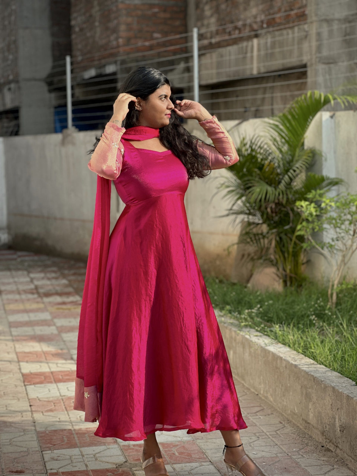 Berry pink space silk Anarkali set in Space Silk – Anarkali Set by Dharvi by Rachana