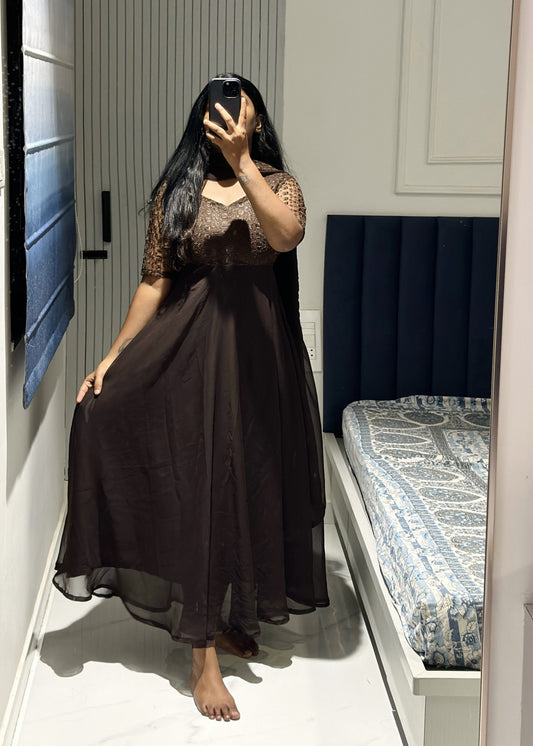 Chocolate brown anarkali set in Georgette – Anarkali Set by Dharvi by Rachana