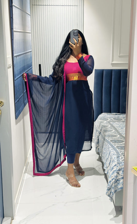 Dark blue yoke design kurta set in Chiffon – Kurta Set by Dharvi by Rachana