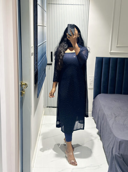 Navy blue sequins embroidered Georgette kurta