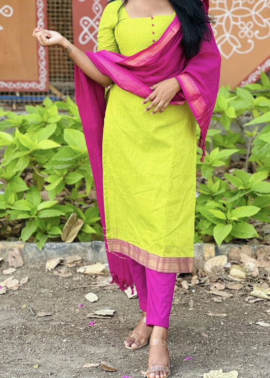 Lime green & magenta mangalagiri cotton suit set in Cotton – Kurta Set by Dharvi by Rachana (view 2)
