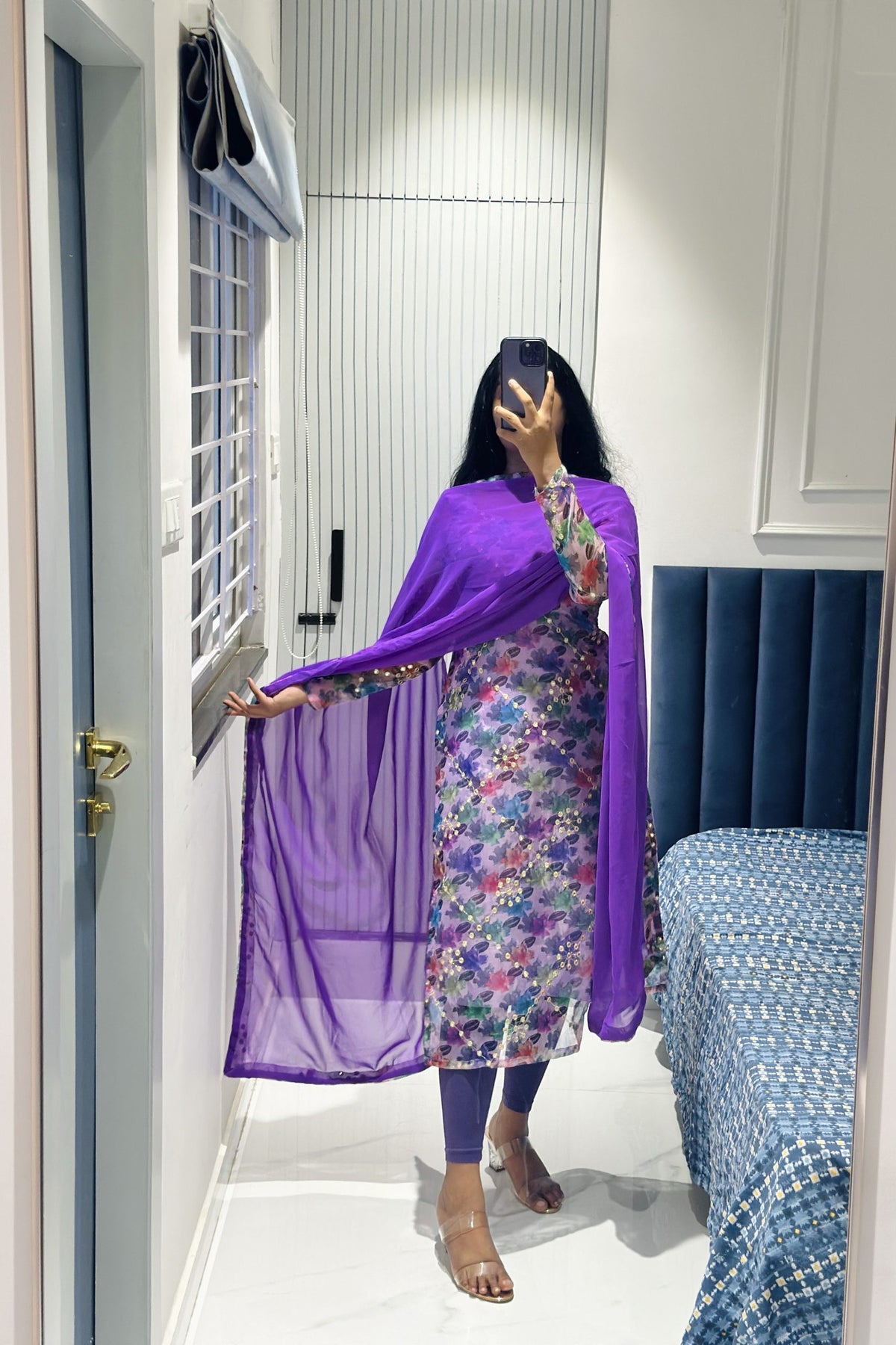 Lavender organza mirror embroidered kurti in Organza – Kurta Set by Dharvi by Rachana
